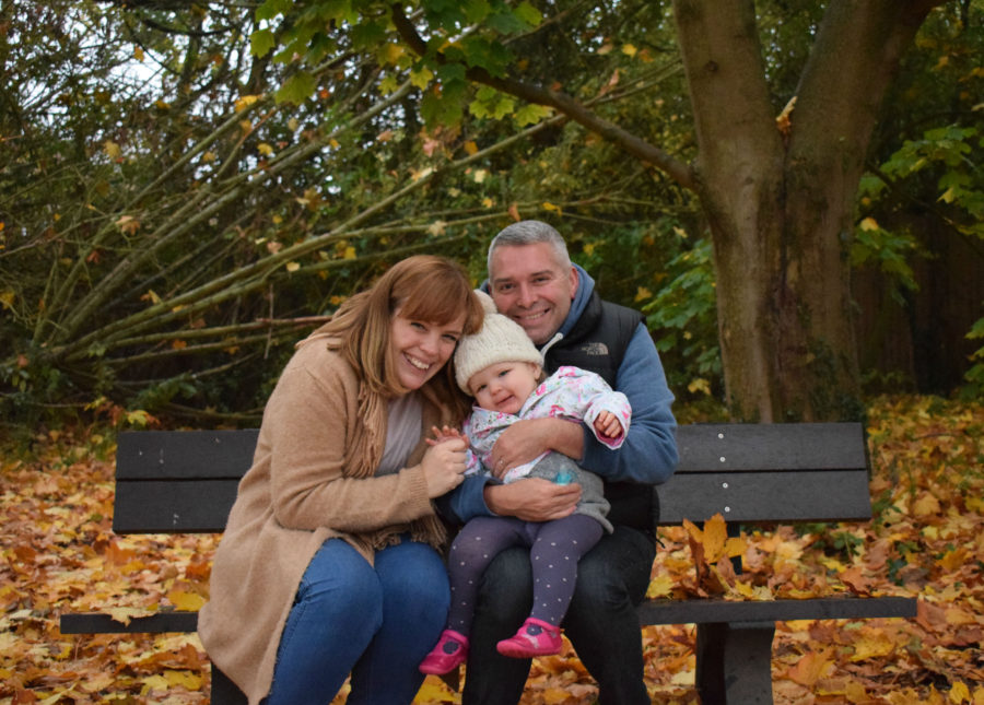 Family of three on bench