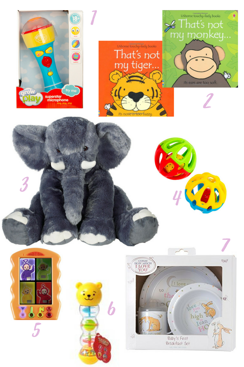 a range of presents purchased for a little girl's first birthday on a white background