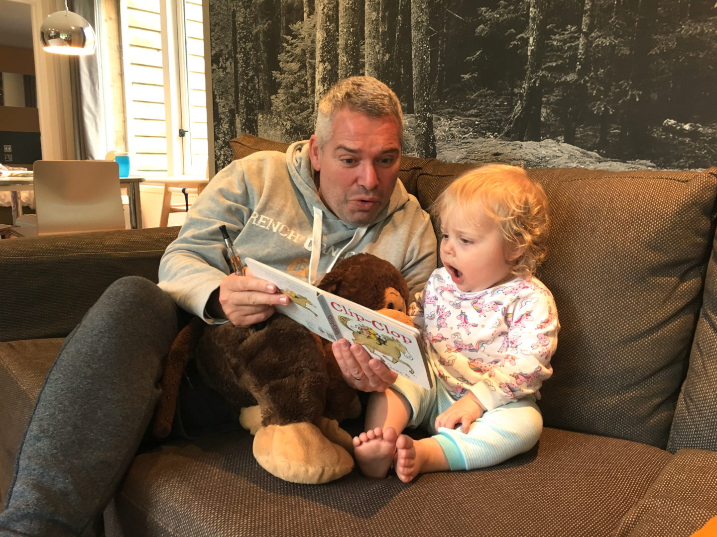 14 months old girl sitting on sofa, reading with father