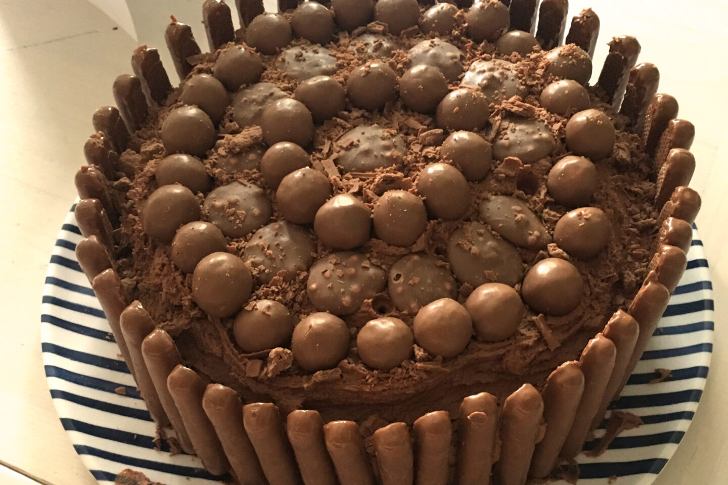 chocolate birthday cake decorated with chocolate buttons, maltesers and chocolate fingers for weekly gratitude
