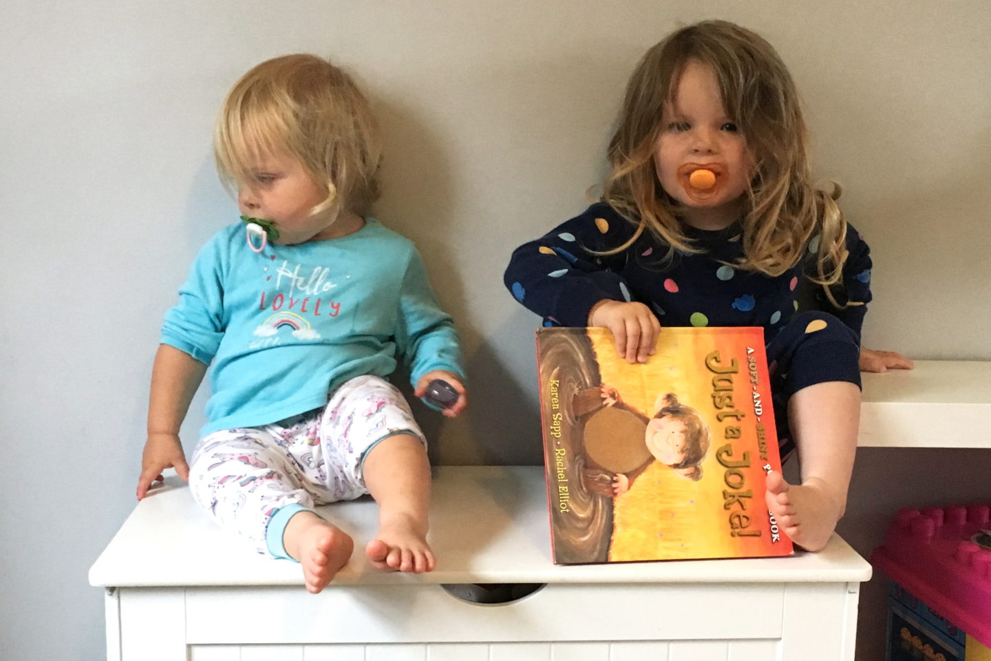 two sisters sitting on a toy box in their pyjamas