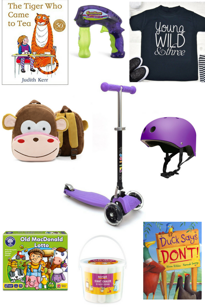 nine images of gifts for third birthday gift guide including scooter, helmet, books, games, giant chalk and backpack