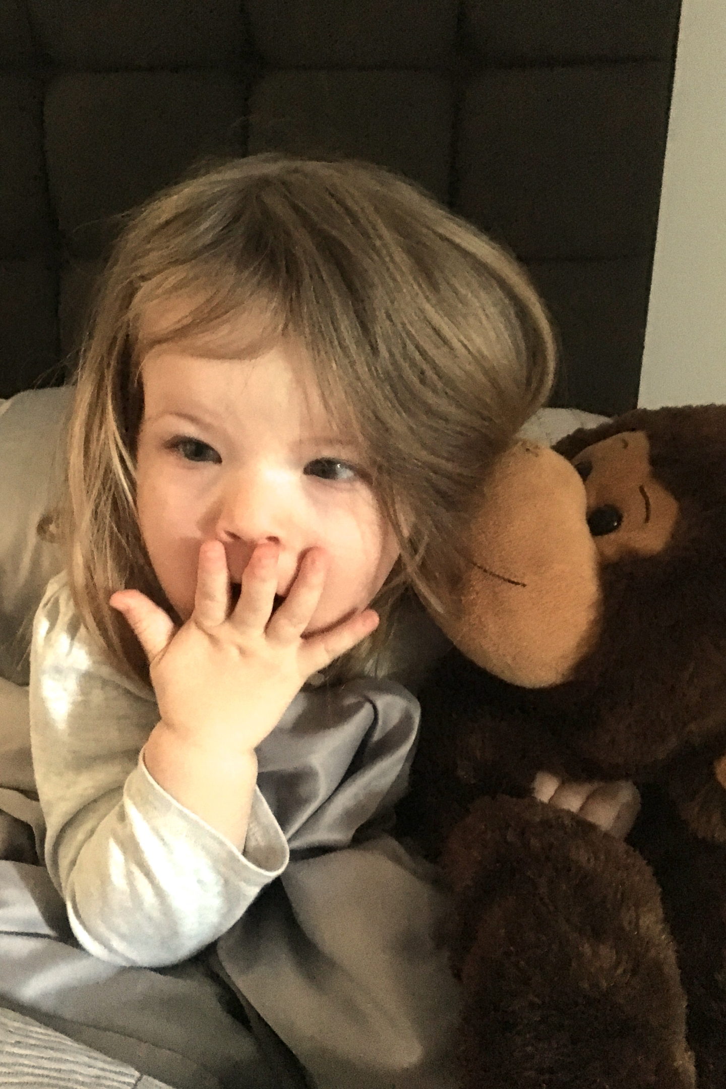 toddler in bed with cuddly monkey, looking surprised with hand over her mouth