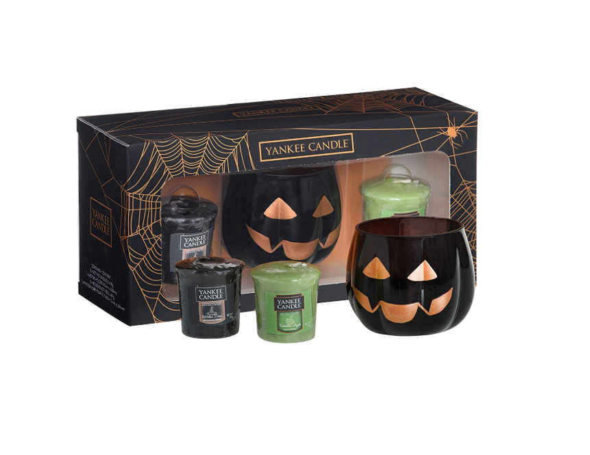 Halloween Yankee Candle set with pumpkin votive holder and two sampler candles