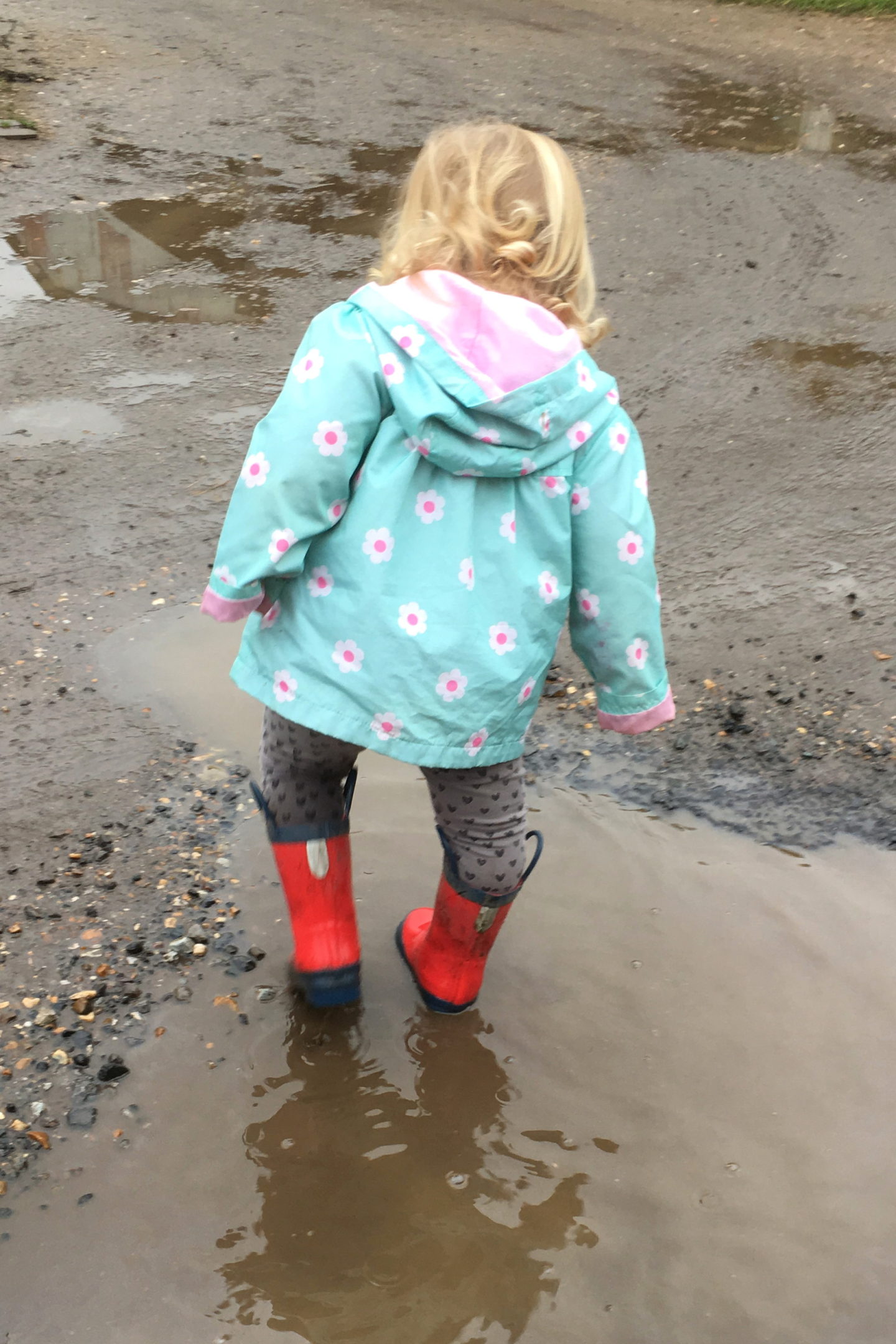 22 months old girl splashing in puddles in red wellies