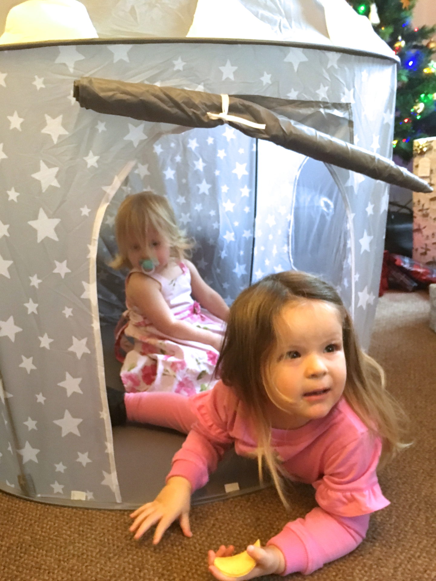 two toddler sisters sitting in a play tent