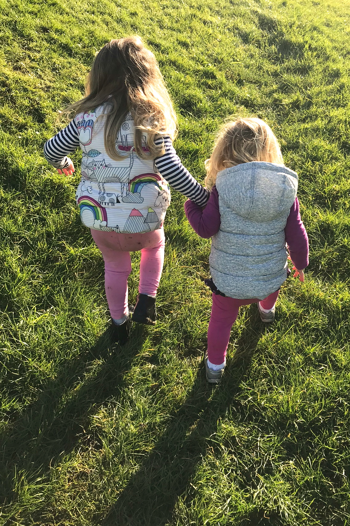 Two young sisters walking up a hill hand in hand