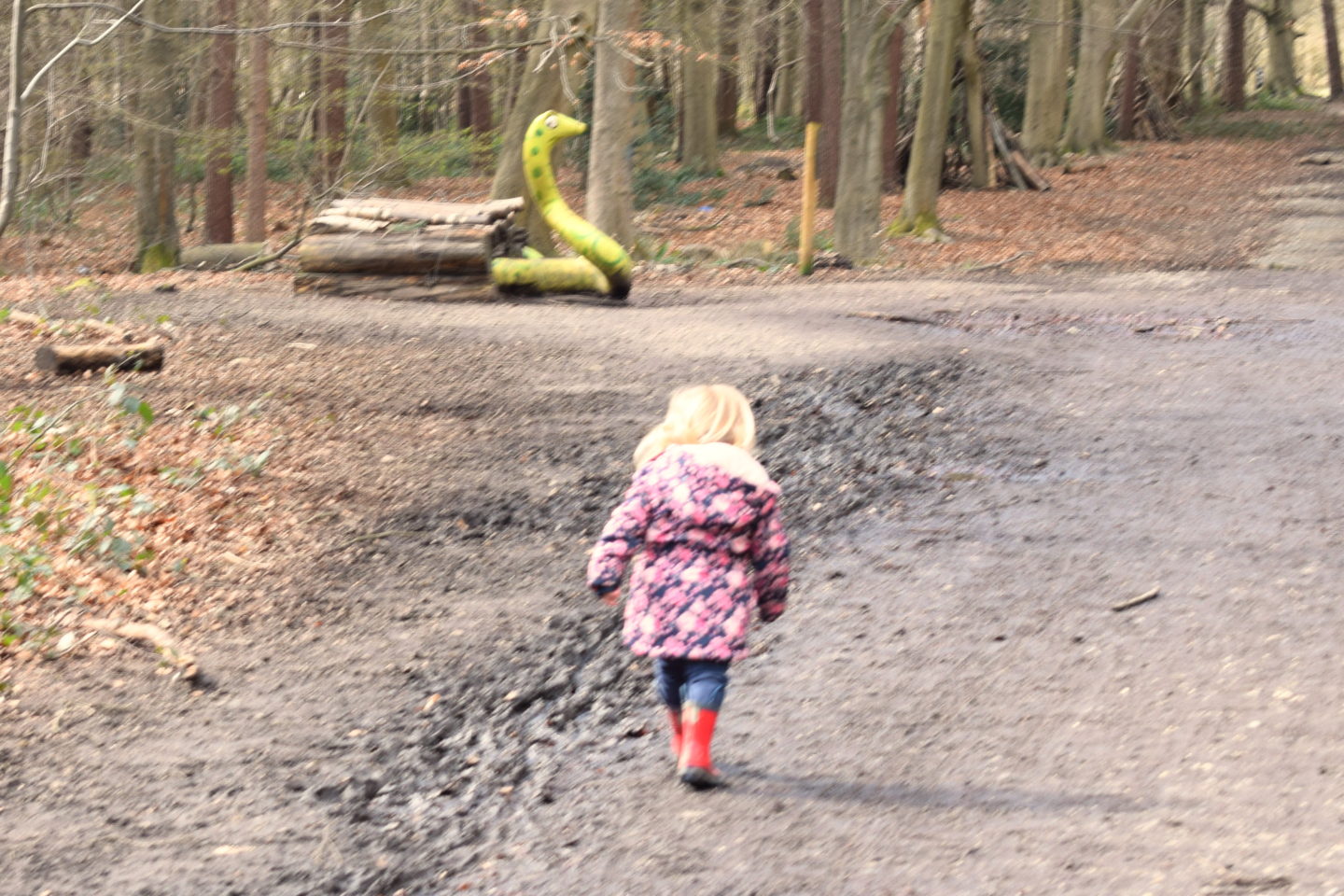 The Gruffalo Trail, Essex, toddler running to snake sculpture