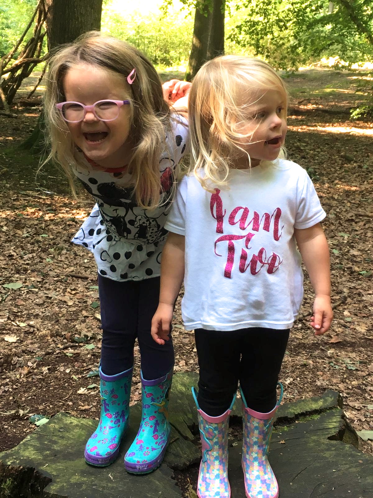 two sisters in wellies, standing on a tree stump in the woods
